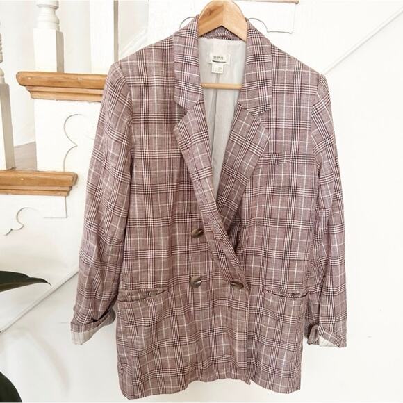 Maeve Double Breasted Blazer Brown Plaid Cotton Linen Blend Size 8 - Picture 3 of 9